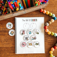Load image into Gallery viewer, Notebook with Bill of Rights activity on a wooden surface with art supplies around