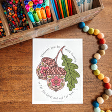 Load image into Gallery viewer, Colorful markers in a wooden box on a wooden surface with an art print featuring acorns with floral designs.