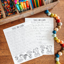 Load image into Gallery viewer, Colorful markers and Bible verse tracing page worksheet on a wooden surface