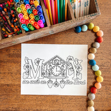 Load image into Gallery viewer, Coloring sheet with a clock design on a wooden table with art supplies.