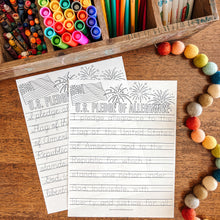 Load image into Gallery viewer, Coloring supplies including markers, crayons, and colored pencils on a wooden surface with two tracing pages featuring the U.S. pledge of allegiance