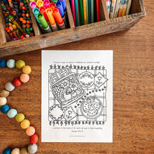 Load image into Gallery viewer, Colorful stationery items including markers, crayons, and pencils on a wooden surface with a picnic themed coloring page.