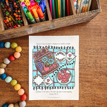 Load image into Gallery viewer, Colorful stationery items including markers, crayons, and pencils on a wooden surface with a coloring book page featuring a basket of fruit.