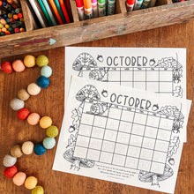 Load image into Gallery viewer, October traceable and blank calendar pages with a fall mushroom theme.