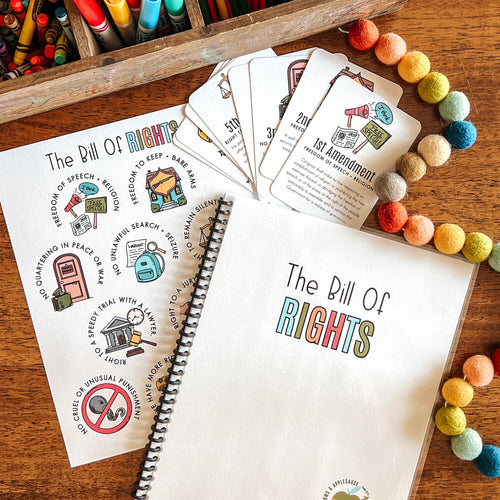 Educational materials on the Bill of Rights with colorful markers and pom-poms on a wooden surface.