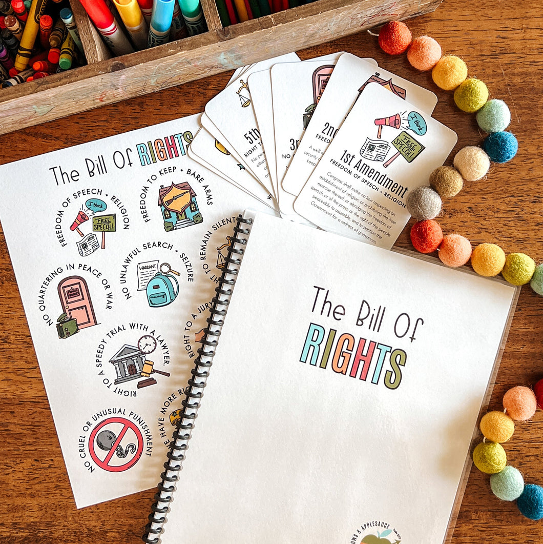 Educational materials on the Bill of Rights with colorful markers and pom-poms on a wooden surface.
