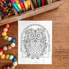 Load image into Gallery viewer, Coloring book with owl design on a wooden table with art supplies
