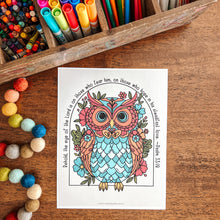 Load image into Gallery viewer, Coloring book with a colorful owl design on a wooden table with art supplies.
