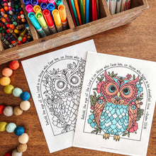 Load image into Gallery viewer, Coloring books with owl designs on a wooden table with art supplies.

