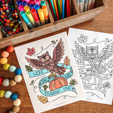 Load image into Gallery viewer, Coloring books with owl designs on a wooden table with art supplies.
