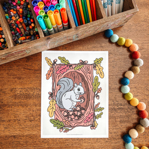 Coloring page with a squirrel illustration on a wooden surface with markers and beads.