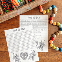 Load image into Gallery viewer, Trace and learn worksheet with coloring pages on a wooden surface with art supplies.
