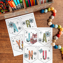 Load image into Gallery viewer, Colorful January banner with fox illustrations on a wooden surface with art supplies.
