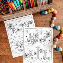 Load image into Gallery viewer, January coloring banner and a wooden box of markers on a wooden surface.
