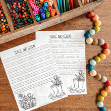 Load image into Gallery viewer, Bible verse tracing pages with markers and pom-poms on a wooden surface
