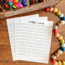 Load image into Gallery viewer, Colorful markers, Beatitudes print tracing worksheet, and pom-poms on a wooden surface
