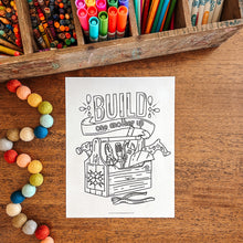 Load image into Gallery viewer, Coloring page with toolbox illustration on a wooden surface with art supplies.
