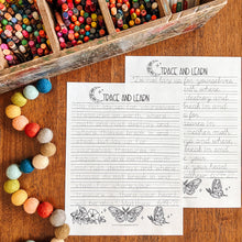 Load image into Gallery viewer, Two printed worksheet sheets titled 'TRACE AND LEARN' with cursive writing instructions and moth illustrations, arranged on a wooden surface alongside a wooden tray of colorful pencils and a string of multicolored beads.
