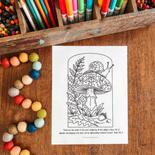 Load image into Gallery viewer, A black-and-white printable coloring page featuring a mushroom illustration and a Bible verse, placed on a wooden tabletop. Colorful crayons, beads, and art supplies are arranged around it.
