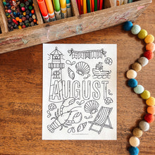 Load image into Gallery viewer, August-themed coloring page on a wooden surface with colored pencils and pom-poms.
