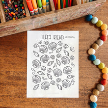 Load image into Gallery viewer, Coloring sheet with shell patterns on a wooden surface with colored pencils and pom-poms.
