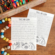 Load image into Gallery viewer, Trace and learn worksheets with coloring pages on a wooden surface with stationery items.
